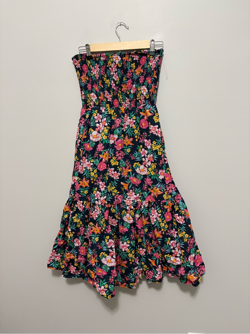 J. Crew Floral Smocked Strapless Midi Dress Navy with Pink & Yellow Flowers